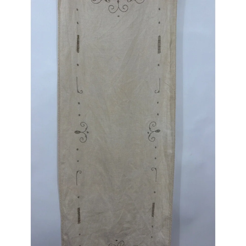 Vintage Hand Embroidered Linen Table Runner Beige Cutwork Floral Scroll 43x15.5